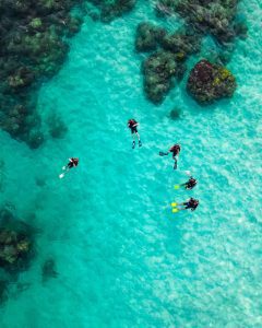 Divers in San Salvador. Bahamas taking underwater photography.